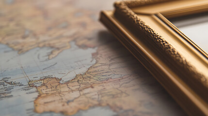 Explore vintage cartography and artistry with a frame. A golden frame rests beside an antique-style map, a marriage of exploration and classic design. #Travel