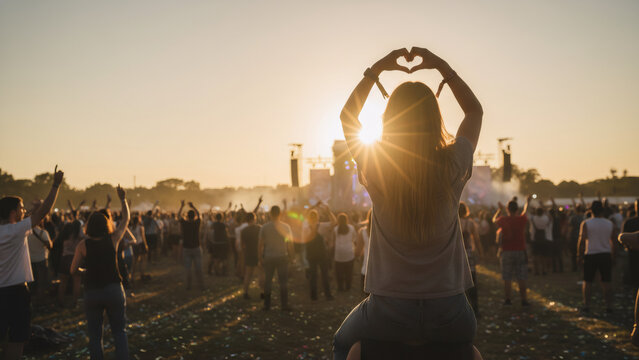 Woman making heart with hand gesture at outdoor concert. Female fan making heart shape with hands over sun during music festival. - Powered by Adobe