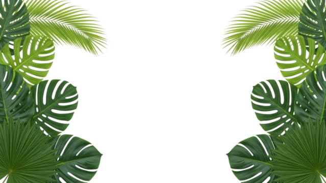 Assortment of lush green tropical monstera and palm leaves with white outlines isolated on a transparent background