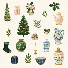 Vintage chromolithographic Christmas illustration featuring classic festive decor and rich traditional colors.