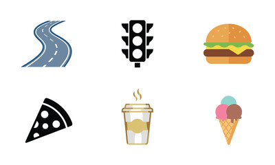 Road trip food icons burger pizza coffee ice cream and traffic light