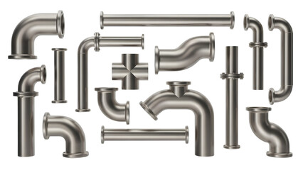 Assortment of silver metal industrial pipes and fittings with flanges isolated on a transparent background