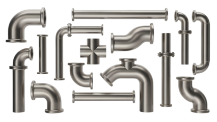 Assortment of silver metal industrial pipes and fittings with flanges isolated on a transparent background