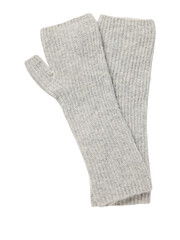 Pair of light grey knitted fingerless gloves with thumb split for warmth and dexterity isolated on transparent background