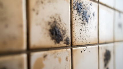 Close-up of bathroom tiles reveals unsightly mold growth. Poor ventilation and moisture create the perfect breeding ground for this unhygienic fungus, indicating sanitation concerns.