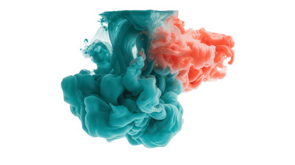 Colorful Ink Cloud Underwater with Teal and Orange Colors in Liquid Isolated On Transparent Background for Use As Design Element Two Colors Collision