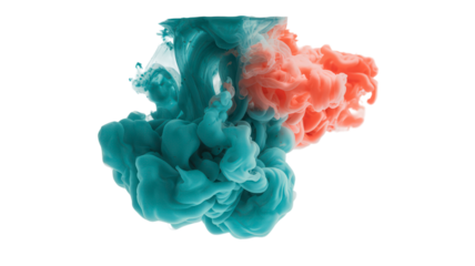 Colorful Ink Cloud Underwater with Teal and Orange Colors in Liquid Isolated On Transparent Background for Use As Design Element Two Colors Collision