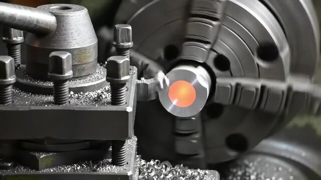 Lathe turning metal, precision engineering, machinery manufacturing industrial process.