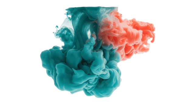 Colorful Ink Cloud Underwater with Teal and Orange Colors in Liquid Isolated On Transparent Background for Use As Design Element Two Colors Collision