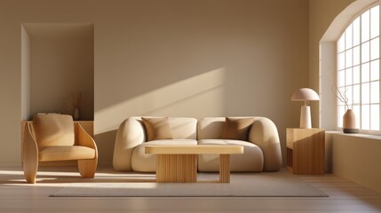 Warm modern living room interior with soft natural sunlight, sculpted furniture and neutral textured decor, ideal for home design concepts, lifestyle visuals and contemporary presentation backgrounds