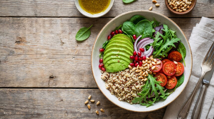 Top view of a healthy salad bowl with fresh quinoa, avocado, vegetables, and dressing on a wooden table. Superfood concept for balanced diet.