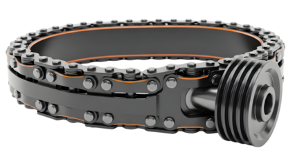 Automotive Timing Chain and Sprocket Mechanism with Orange Accents isolated on a transparent background
