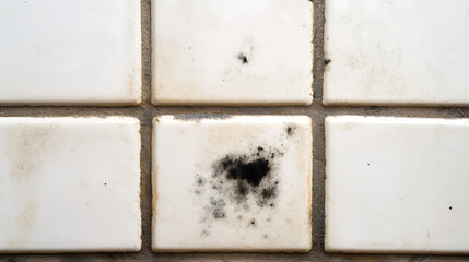 Close-up of white tiles affected by dark mold growth, indicating moisture damage and the need for cleaning or replacement. Aesthetic and maintenance concerns.