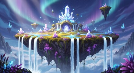 Fantasy island floating landscape illustration crystals aurora borealis