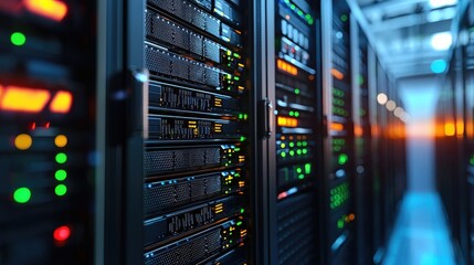 Server racks with vibrant LED indicators in a modern IT data center illuminated by warm and cool lighting, ideal for cloud infrastructure visuals and high tech digital presentation backgrounds