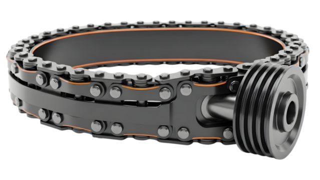 Automotive Timing Chain and Sprocket Mechanism with Orange Accents isolated on a transparent background