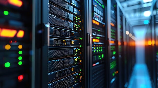 Server racks with vibrant LED indicators in a modern IT data center illuminated by warm and cool lighting, ideal for cloud infrastructure visuals and high tech digital presentation backgrounds