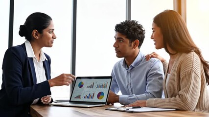 Financial advisor in suit explains business chart data on laptop screen to concerned young couple during meeting in bright office - Powered by Adobe