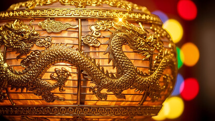Fototapeta premium Close-up of a golden dragon on a Chinese lantern with colorful bokeh.