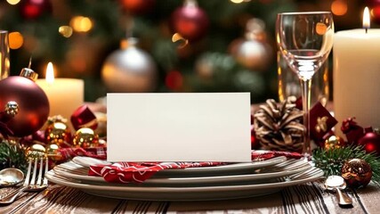 Celebration table setting with empty card, ornaments, candles, and festive decorations in a cozy indoor space during the holiday season