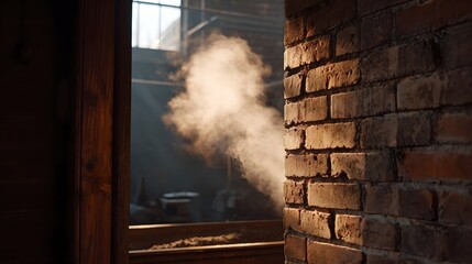 Sunlight streams through an industrial window illuminating rising steam and shadows in a vintage workshop