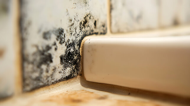In a bathroom, black mold grows on the tiled wall. Damp conditions have encouraged the mold to thrive. Cleanliness is essential to prevent this type of unsightly issue.