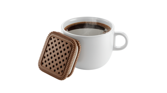 Coffee Cup with Chocolate Cookie on Transparent Background Features Delightful Combination for Breaktime Enjoyment and Cozy Moments Featuring Classic Treat