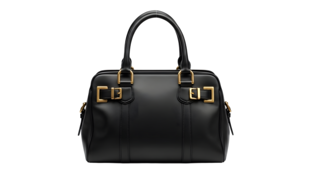 Black leather handbag with gold buckle accents and top handles isolated on a transparent background image