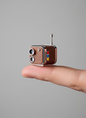 Miniature vintage camera held on finger against gray background  