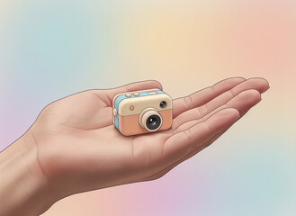 Miniature camera held in hand with colorful pastel background  