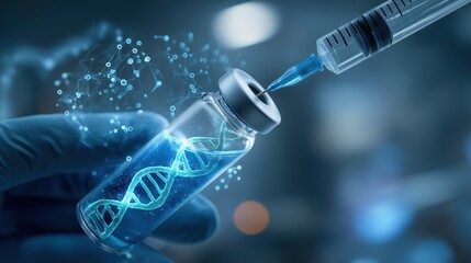 Genetic research vial with DNA concept illustration. A gloved hand holds a vial displaying a DNA strand while a syringe extracts liquid, symbolizing advanced genetics, biotechnology, and molecular 
