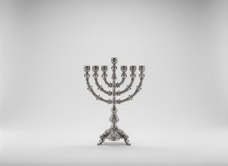 Silver menorah with seven branches on white background  