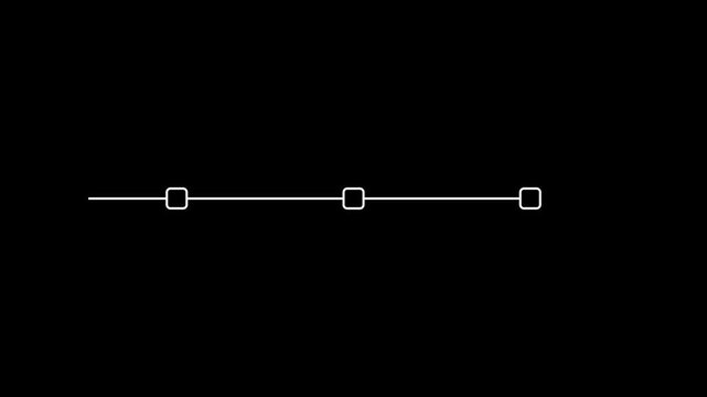 Animation Minimal white Timeline with Three Circular Points on black Background. Animated moving line with appearing 3 checkpoints as circles.