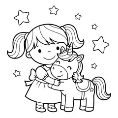 Princess adorable Unicorn Coloring Page: Cute Line Art Illustration
