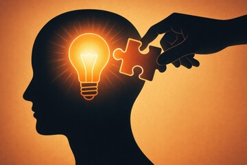 Creative concept depicting a hand inserting a puzzle piece into a glowing lightbulb in a human head silhouette. Theme of problem-solving, innovation, and mental clarity.