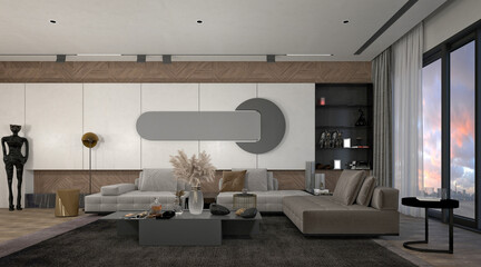 3d render modern living room dining space