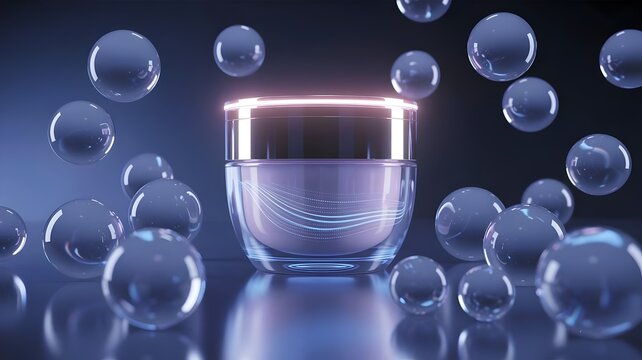 Digital rendering of futuristic moisturizer jar and weightless light spheres – Premium cosmetic.