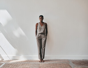 Elegant Modern Woman Posing in Minimalist Studio with Soft Natural Light