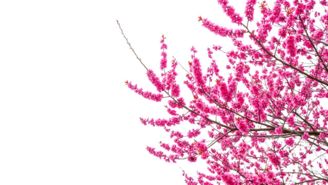 Bright pink cherry blossom branches with delicate petals and thin twigs isolated on a transparent background