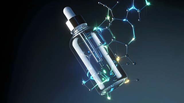 Dropper bottle with digital glowing geometric molecular structures – Excellent for serum advertising, futuristic beauty, or innovation.