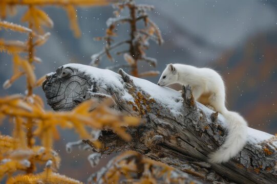 Snowy moments with a graceful white weasel in autumn woods
