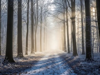 Misty winter forest path with sunlight breaking through tall, frostcovered trees creating a magical, ethereal atmosphere