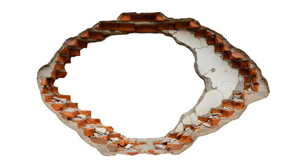 Broken wall with exposed red bricks and white plaster debris isolated on a transparent background hole