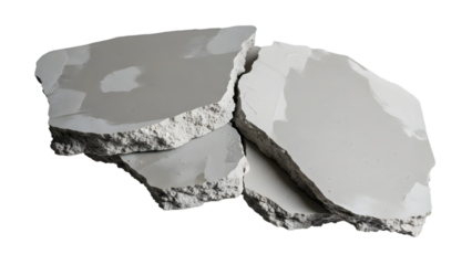 Broken white plasterboard fragments with rough edges and smooth surfaces isolated on a transparent background