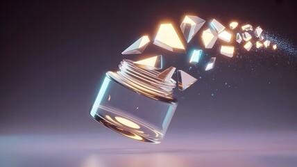 Glass cosmetic jar dissolving into glowing geometric shards – Great for biotechnology, digital art, or product composition concepts.