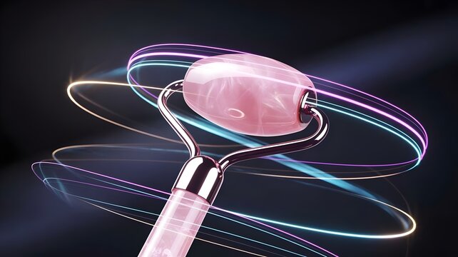 Facial roller with dynamic electric blue and magenta neon light trails – Excellent for high-tech beauty, skin renewal, or professional skincare. - Powered by Adobe