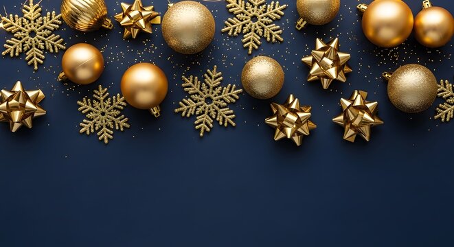 Golden christmas ornaments and snowflakes on dark blue background