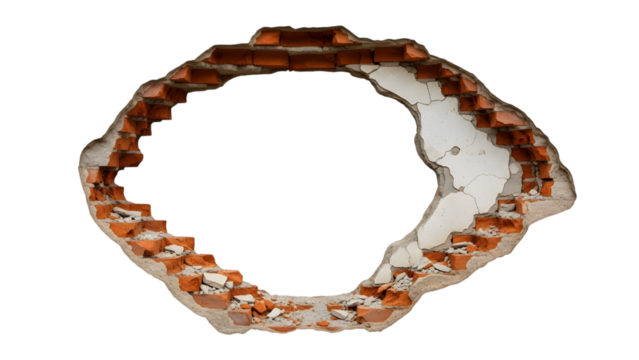 Broken wall with exposed red bricks and white plaster debris isolated on a transparent background hole