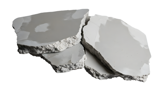 Broken white plasterboard fragments with rough edges and smooth surfaces isolated on a transparent background