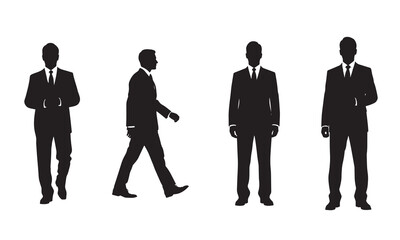 Businessman silhouette set. Walking and standing men in suits. Corporate executive, side view profile, and professional staff vector collection.
